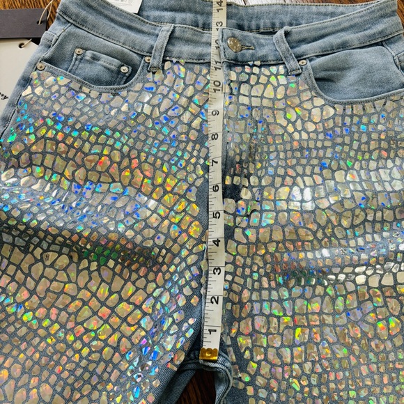 New Jack Berry Dragon Scales Iridescent Foil High Rise 90s Mum Jeans Sz L - Picture 8 of 15